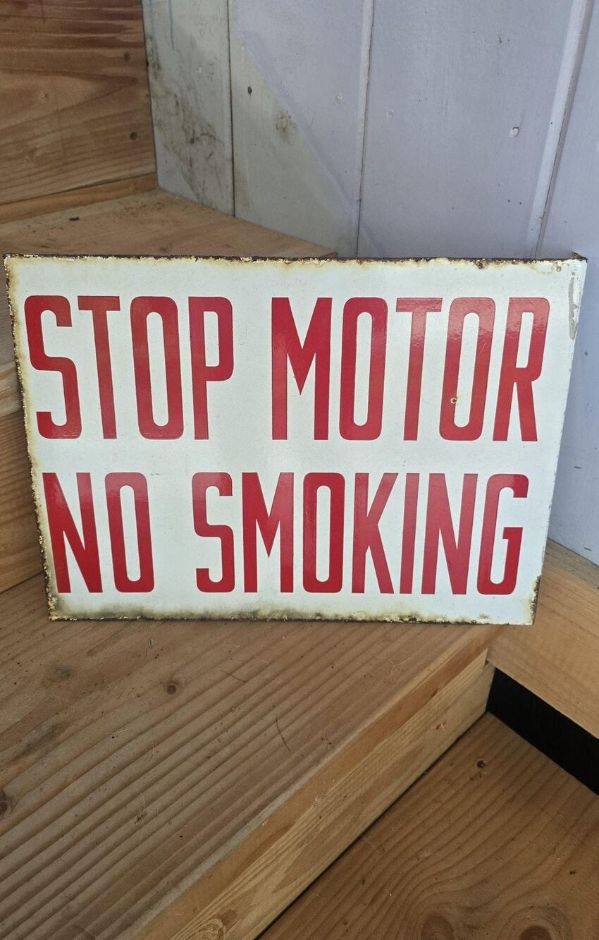 Vintage Stop Motor No Smoking Metal Sign Red Letters Gas Station Double Sided